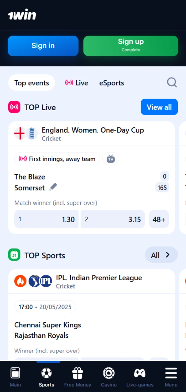 Bet on your favorite sports on the 1win app.