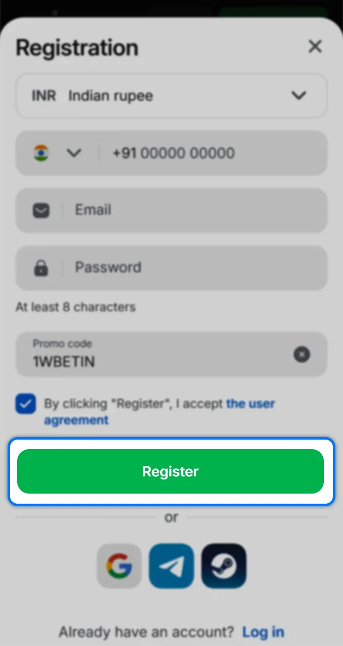 Click the green "Register" button to complete the creation of your new 1Win account and start playing.