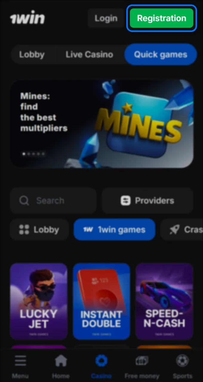 Click the green "Registration" button at the top of the 1Win website to get started.